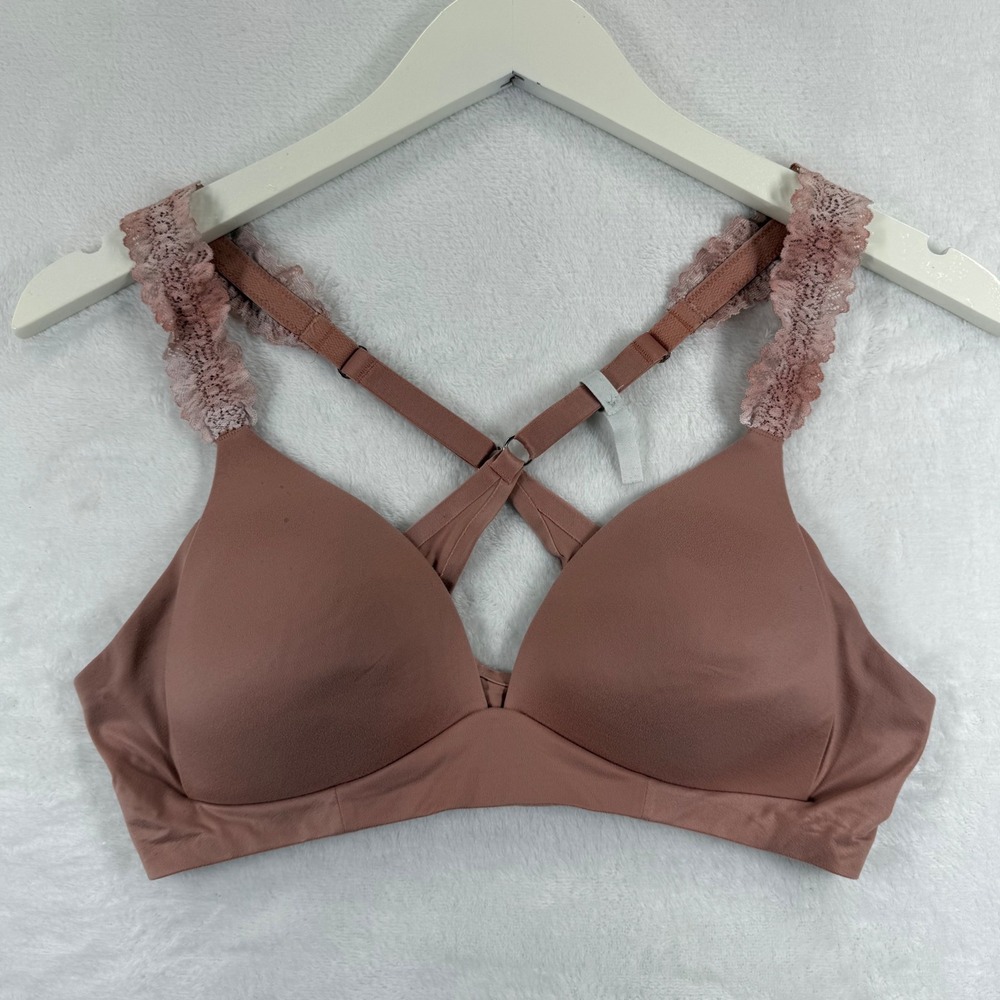 Aerie Real Sunnie Wireless Bra 34B Dusty Rose Lace Strap Criss Cross Back 5707
